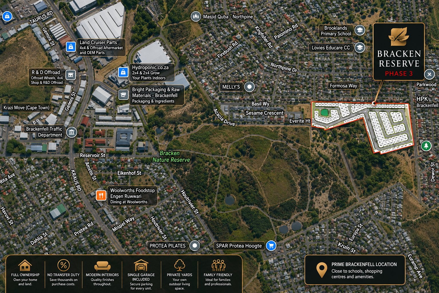 Map of Brackenfell showing Bracken Reserve Phase 3 next to the Bracken Nature Reserve, with nearby schools and shops